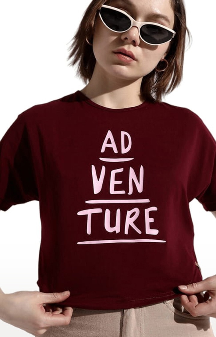 Women's Maroon Cotton Typographic Printed Crop Top