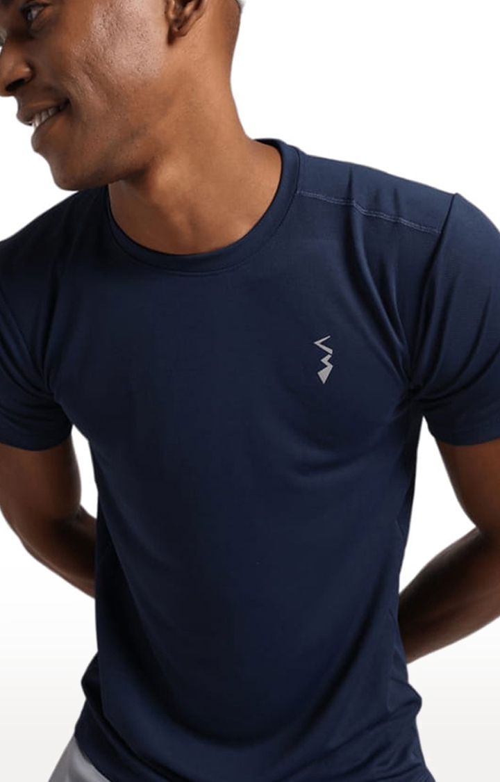 Men's Navy Blue Polyester Solid Activewear T-Shirt