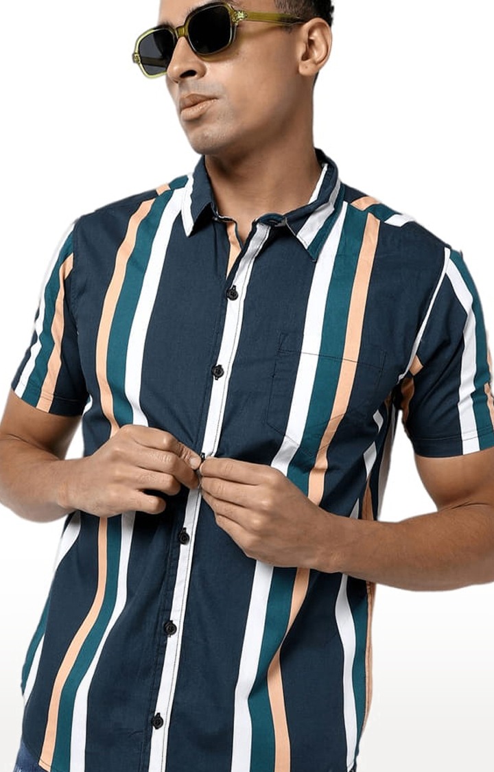 Men's Blue Cotton Striped Casual Shirt