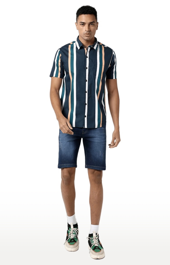 Men's Blue Cotton Striped Casual Shirt
