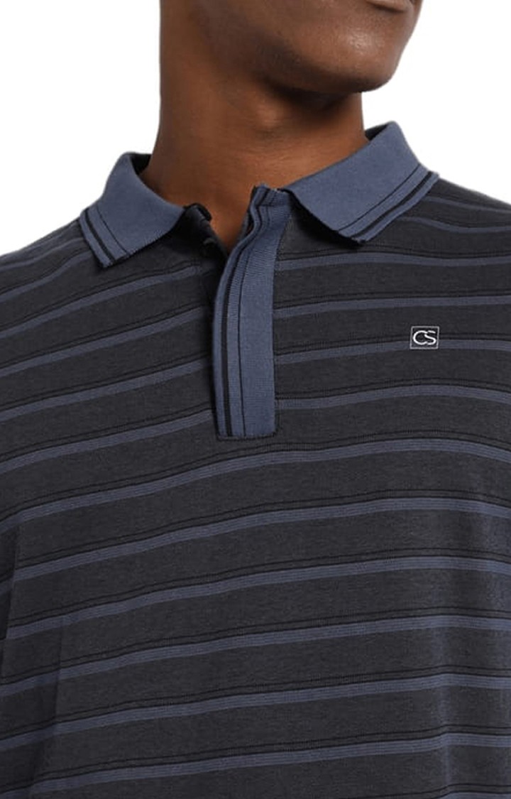 Men's Grey Cotton Striped Polo T-Shirt