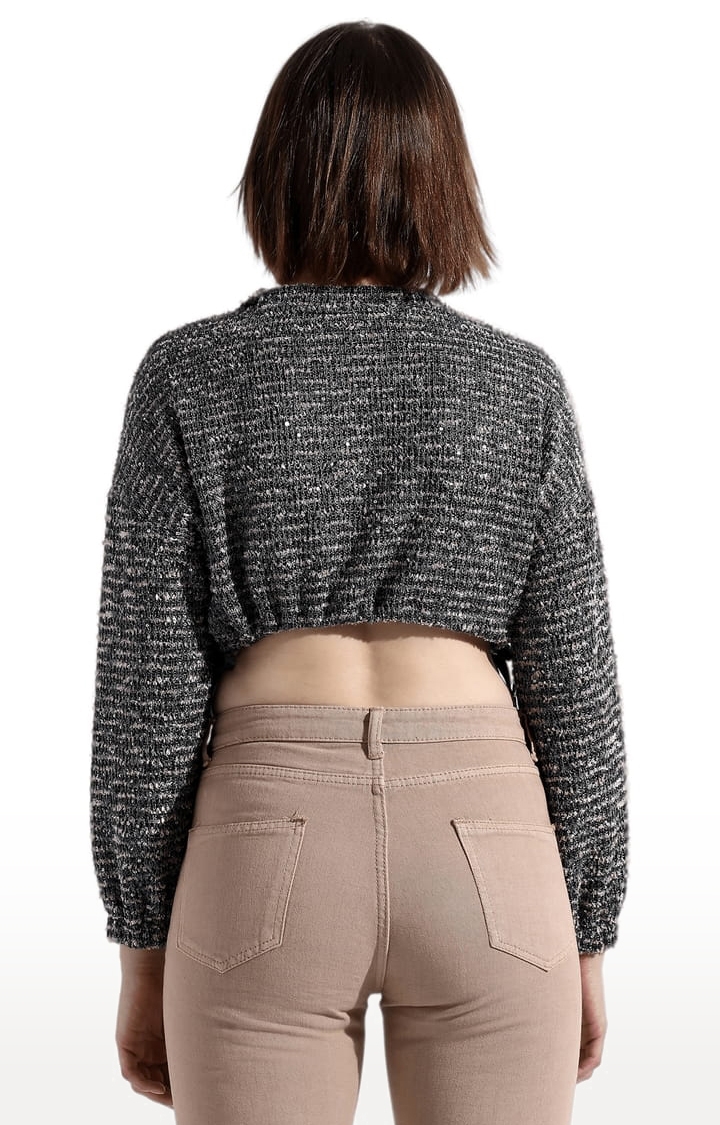 Women's Grey Lycra Textured Crop Top