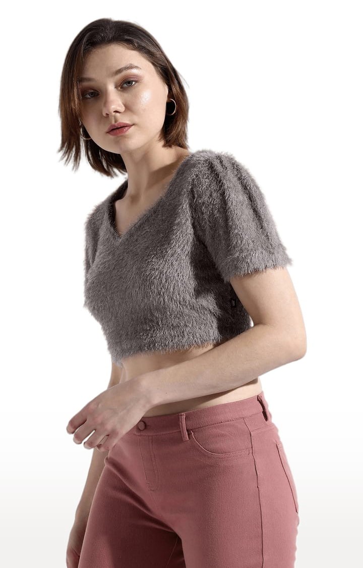 Women's Grey Textured Crop Top
