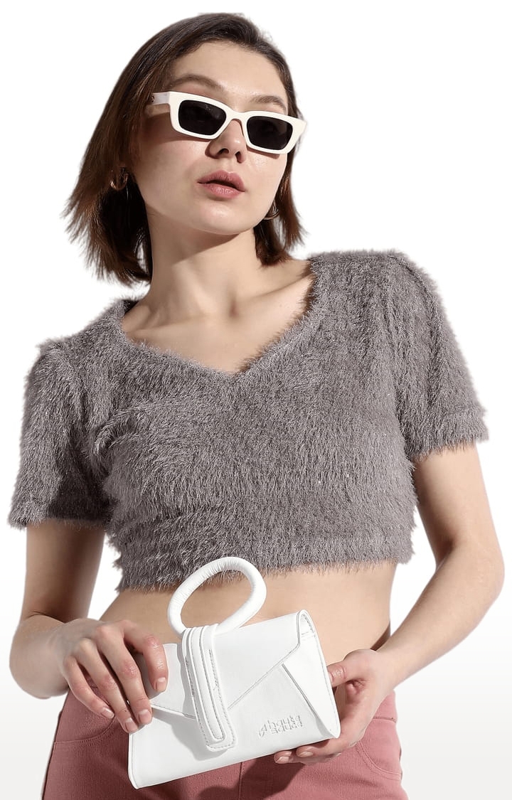 Women's Grey Fur Textured Crop Top