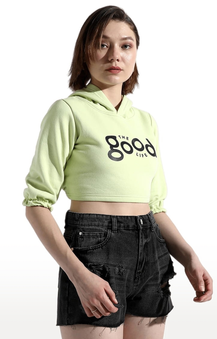Women's Lime Green Cotton Typographic Printed Crop Top