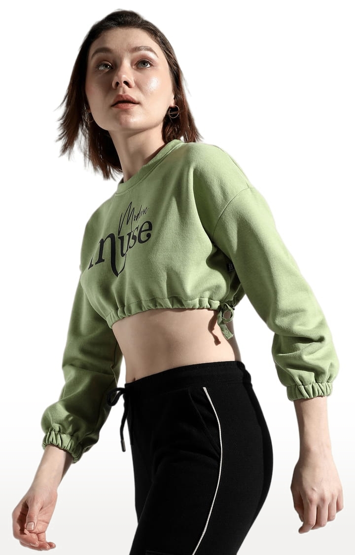 Women's Lime Green Cotton Typographic Printed Crop Top