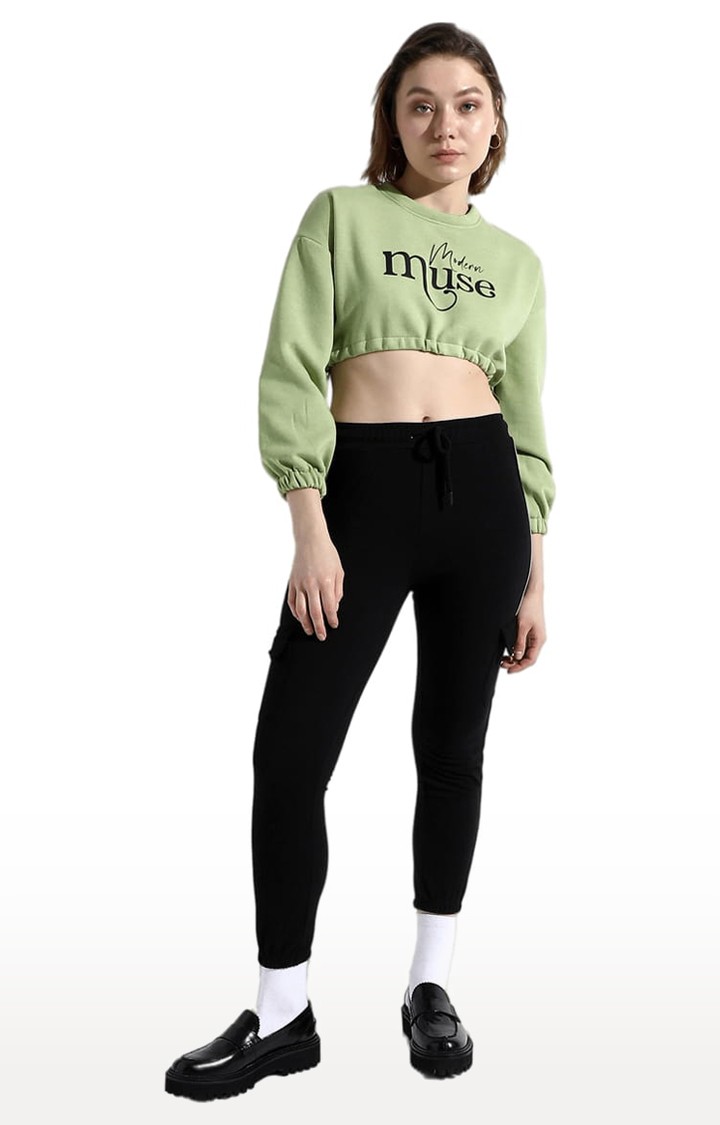 Women's Lime Green Cotton Typographic Printed Crop Top