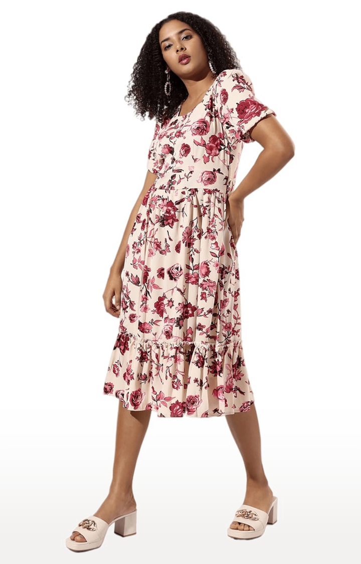 CAMPUS SUTRA | Women's Beige and Maroon Polyester Printed Tiered Dress