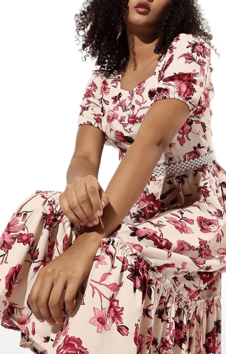 Women's Beige Floral Tiered Dress