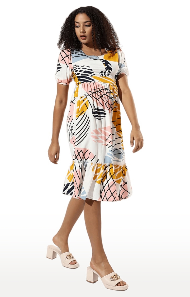 Women's Multicolour Polyester Printed Tiered Dress