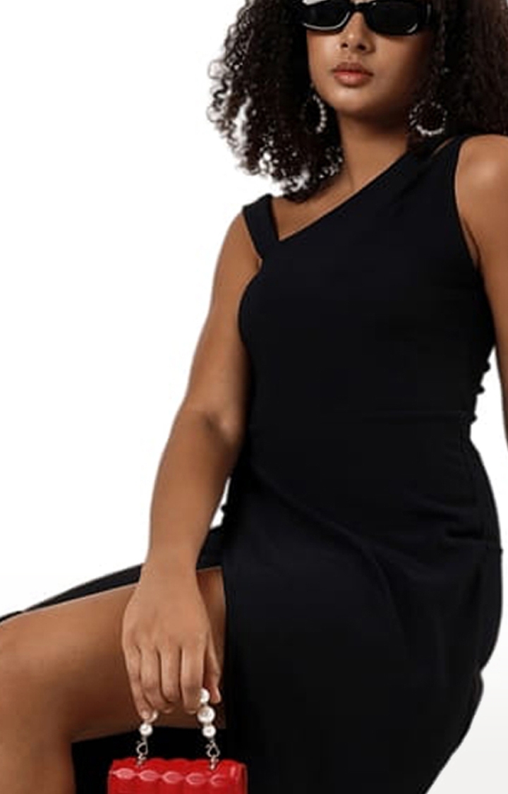 Women's Black Crepe Solid Asymmetric Dress