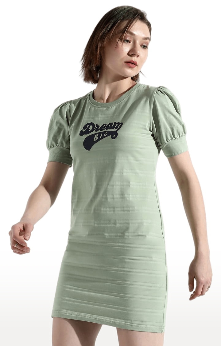 Women's Green Polyester Typographic Printed Shift Dress