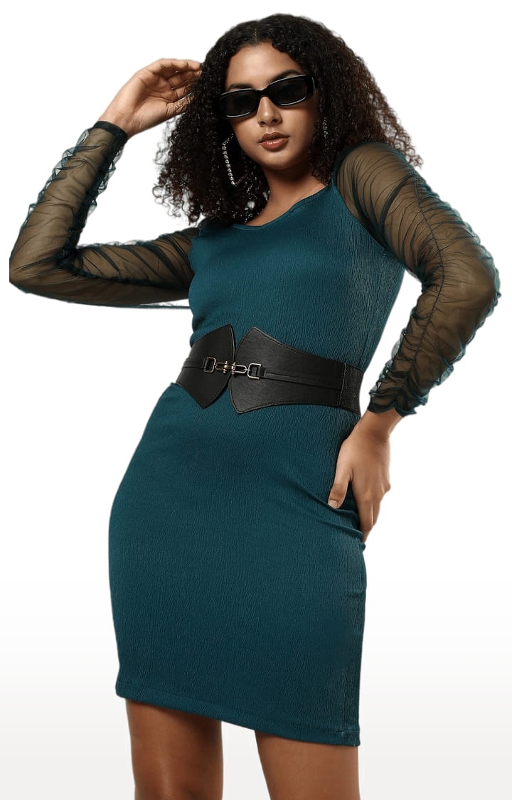 CAMPUS SUTRA | Women's Green Crepe Solid Bodycon Dress