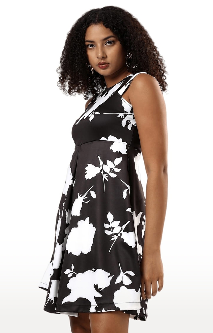 CAMPUS SUTRA | Women's Black Polyester Printed Fit & Flare Dress