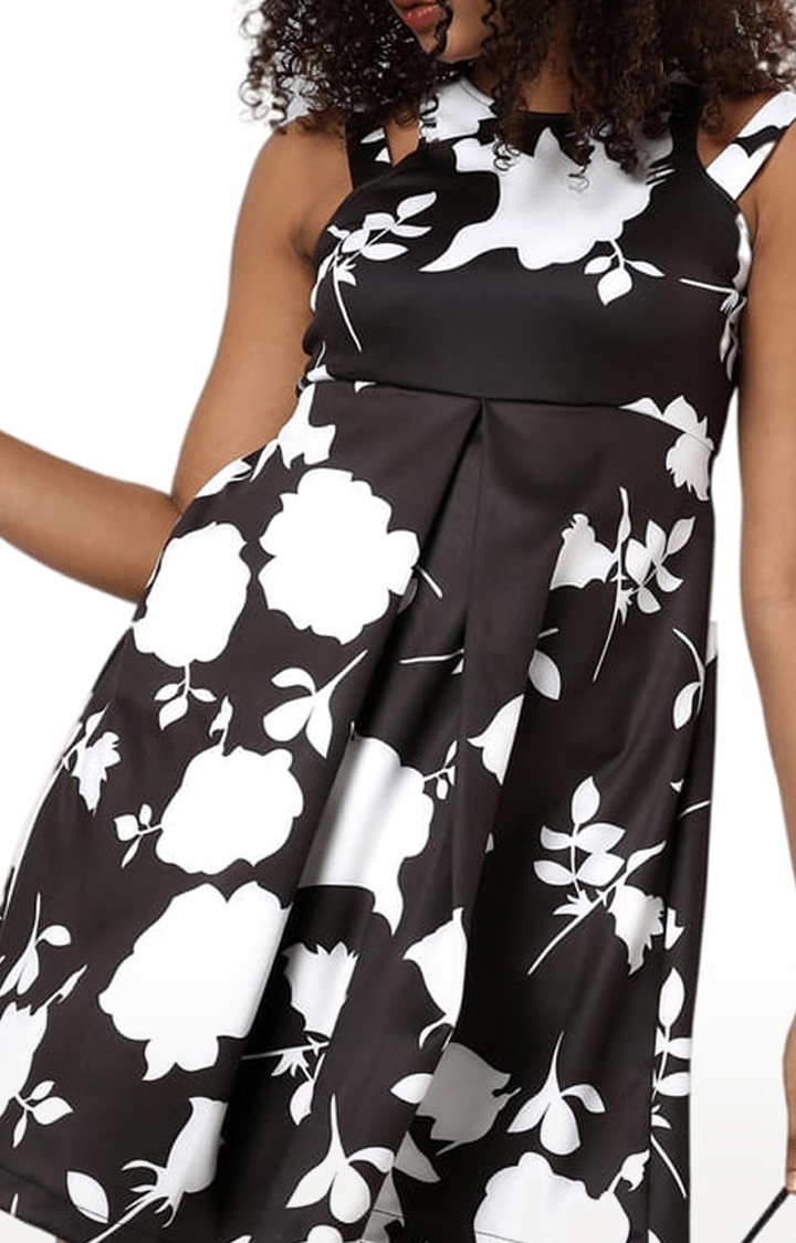 Women's Black Polyester Printed Fit & Flare Dress