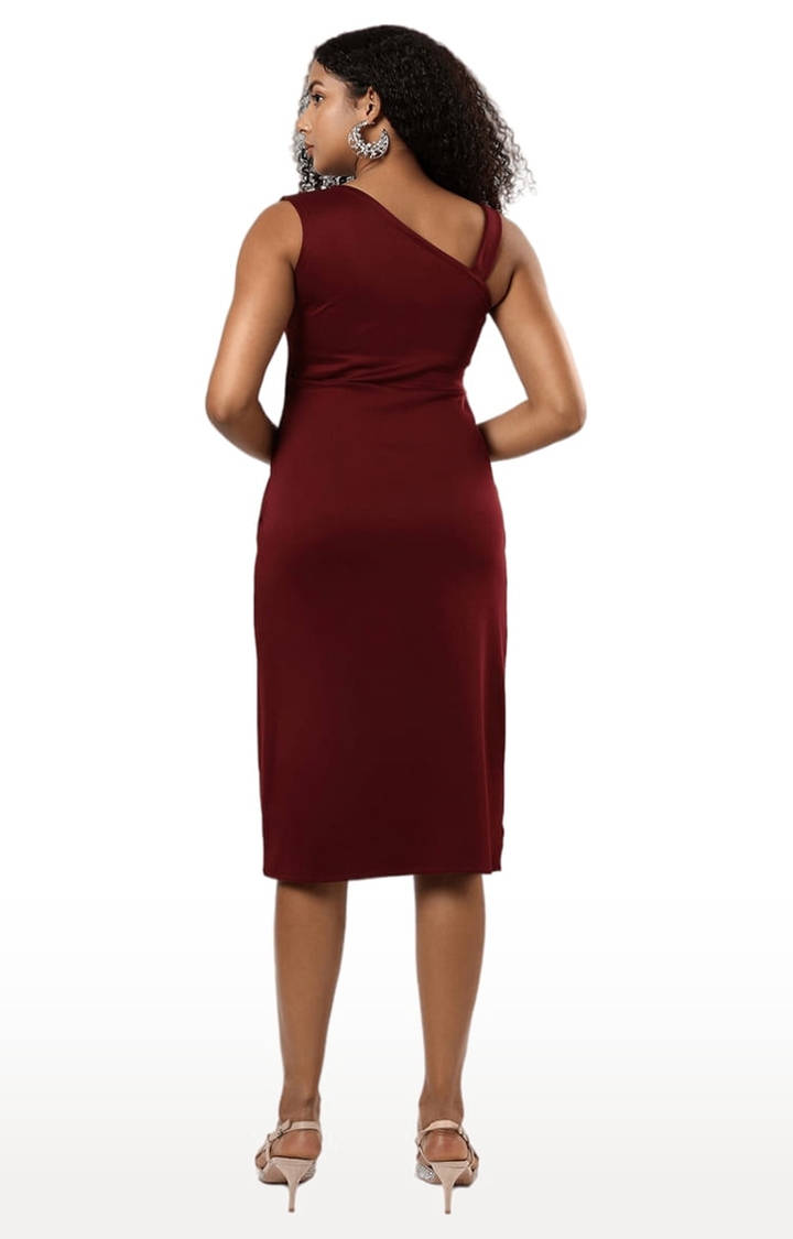 Women's Maroon Crepe Solid Asymmetric Dress