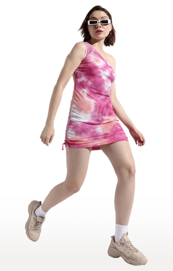 CAMPUS SUTRA | Women's Pink Cotton Tie Dye Bodycon Dress 1