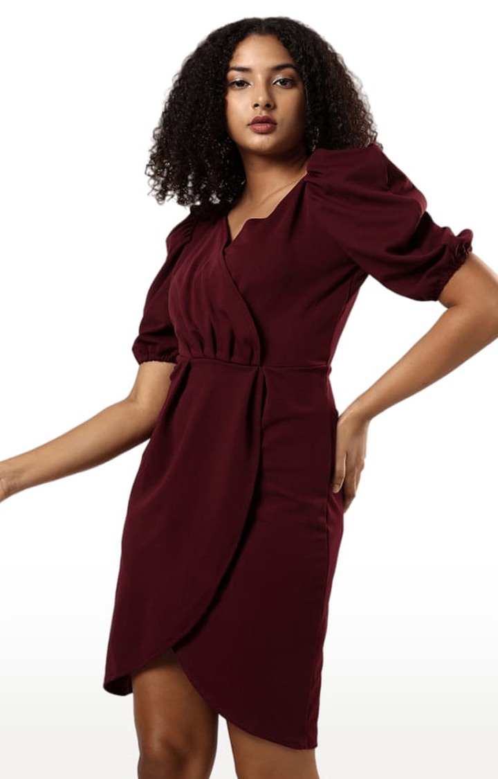 Women's Maroon Crepe Solid Asymmetric Dress