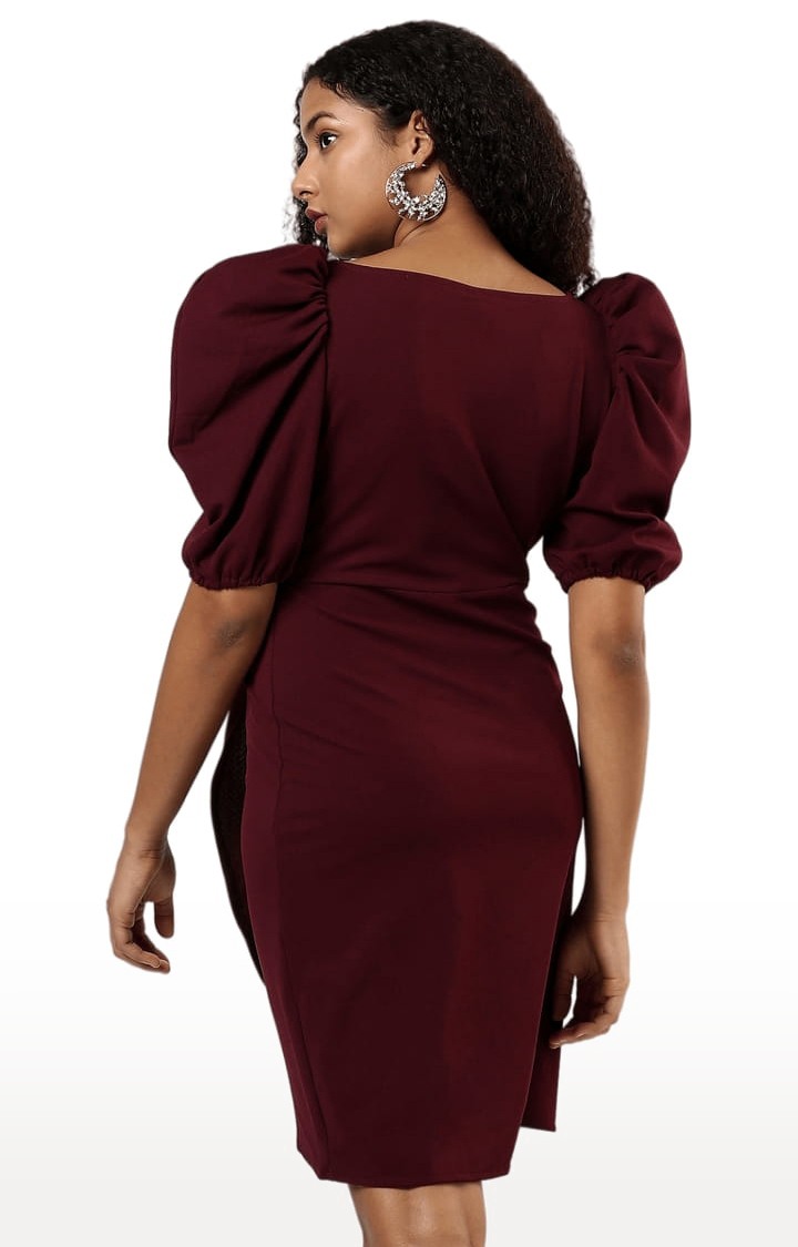 Women's Maroon Crepe Solid Asymmetric Dress