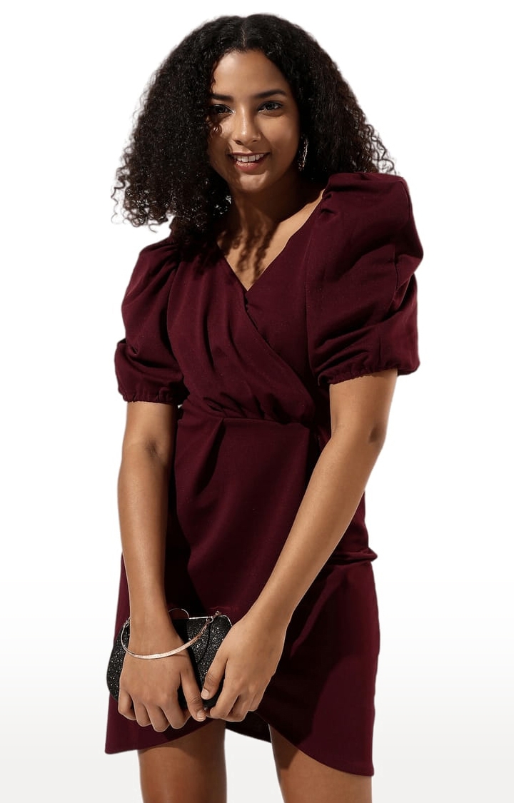 CAMPUS SUTRA | Women's Maroon Crepe Solid Asymmetric Dress