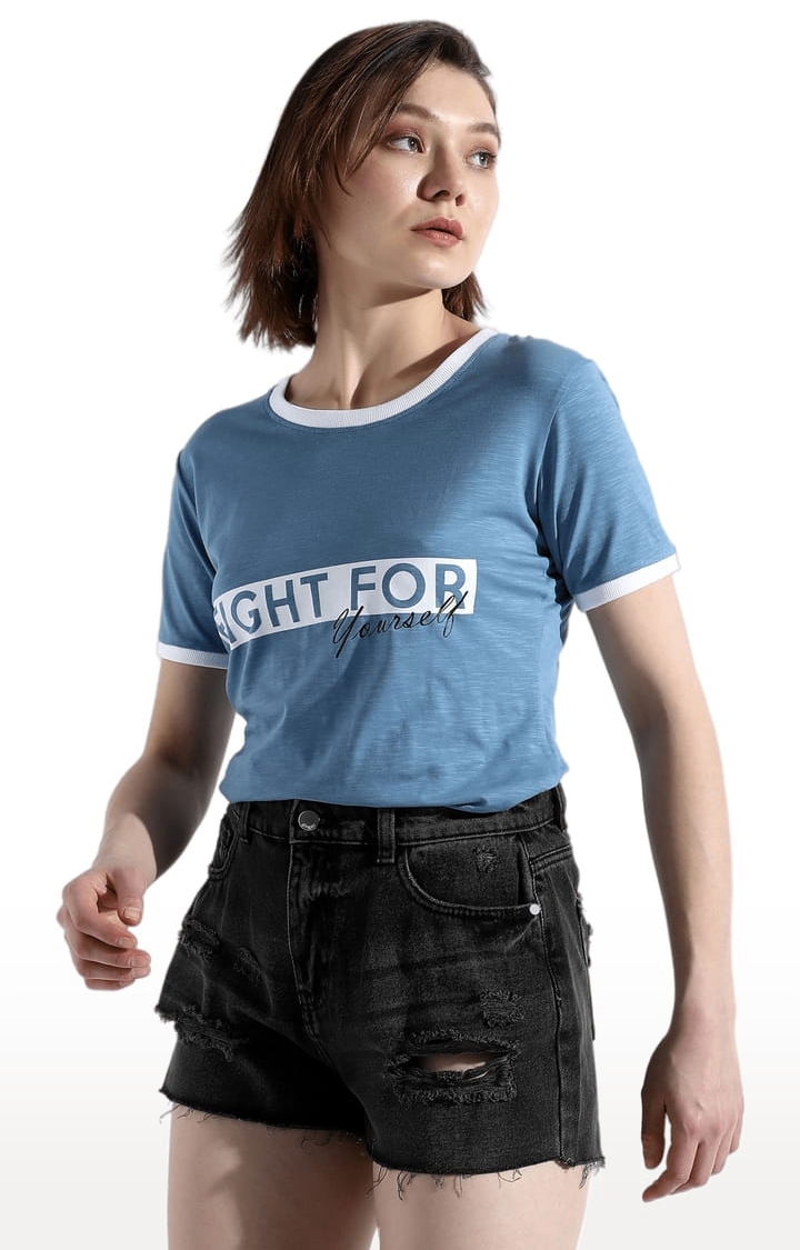 Women's Light Blue Lycra Typographic Printed Regular T-Shirt