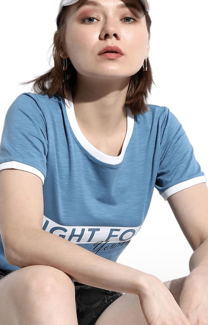 Women's Light Blue Lycra Typographic Printed Regular T-Shirt