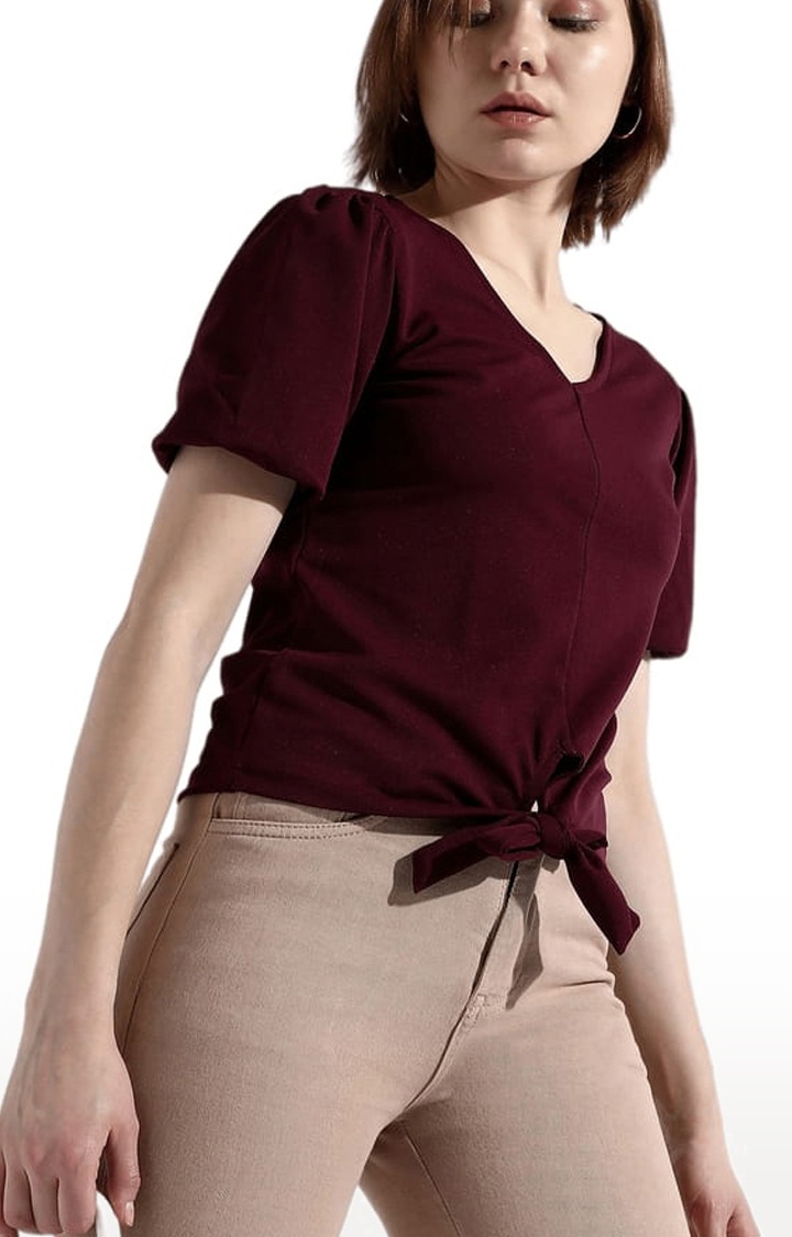 Women's Maroon Cotton Solid Blouson Top