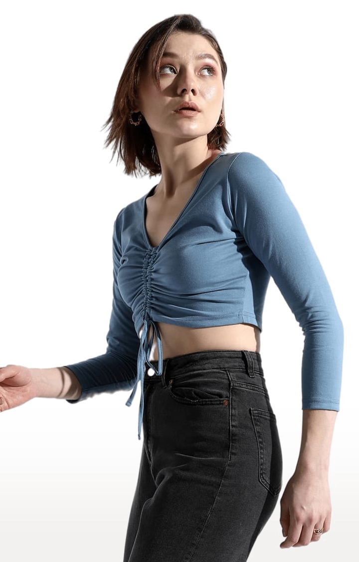 CAMPUS SUTRA | Women's Blue Polyester Solid Crop Top