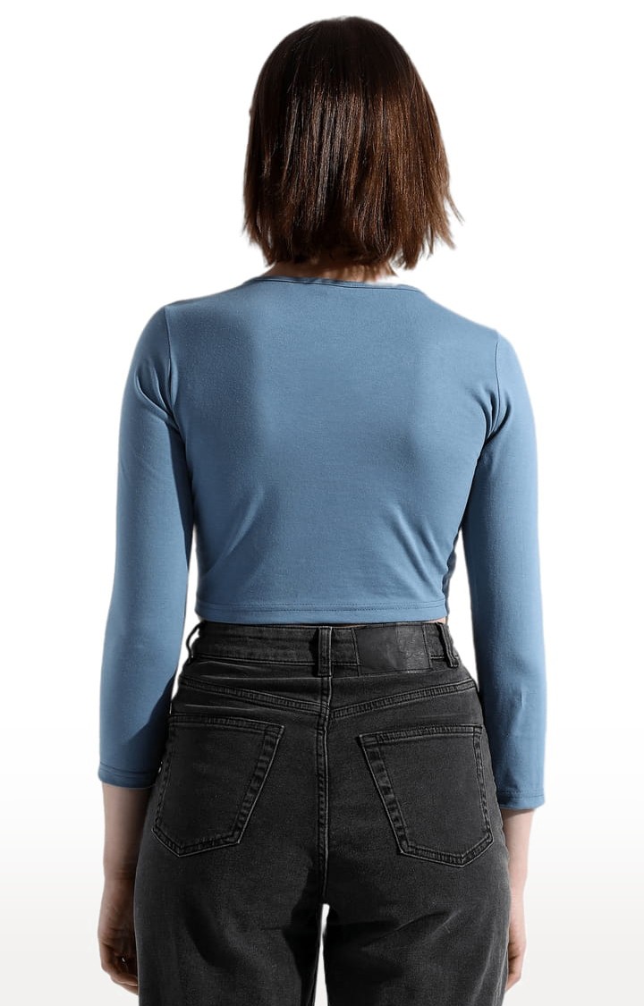 Women's Blue Polyester Solid Crop Top