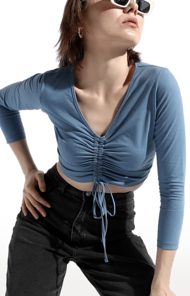 Women's Blue Polyester Solid Crop Top