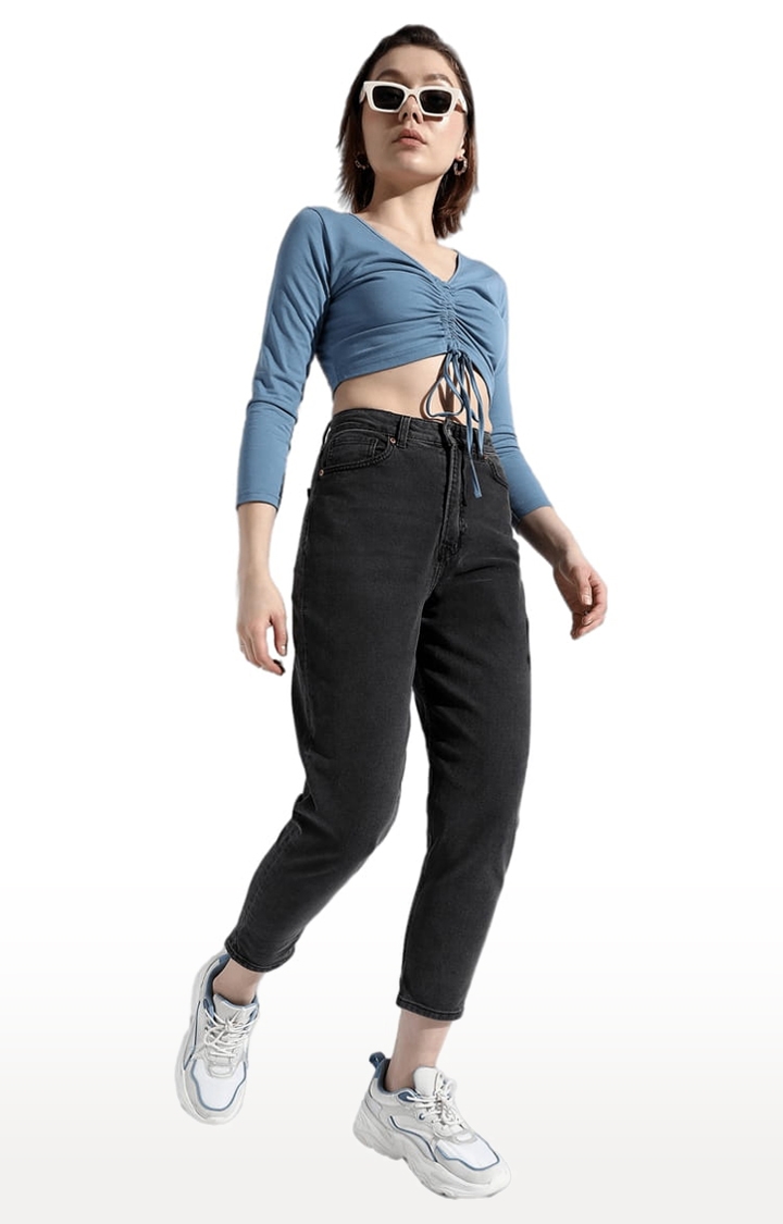 Women's Blue Polyester Solid Crop Top
