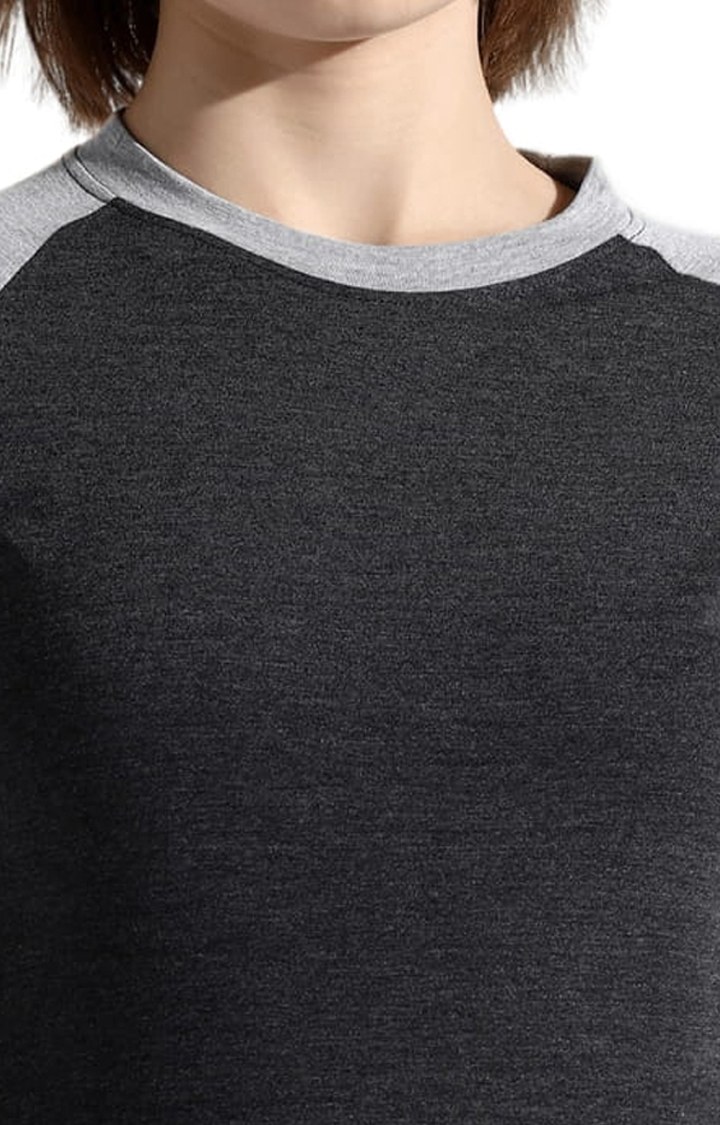 Women's Charcoal Grey Cotton Colourblock Regular T-Shirt