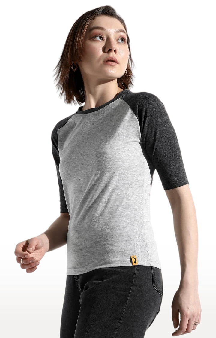 Women's Charcoal Grey Cotton Colourblock Regular T-Shirt