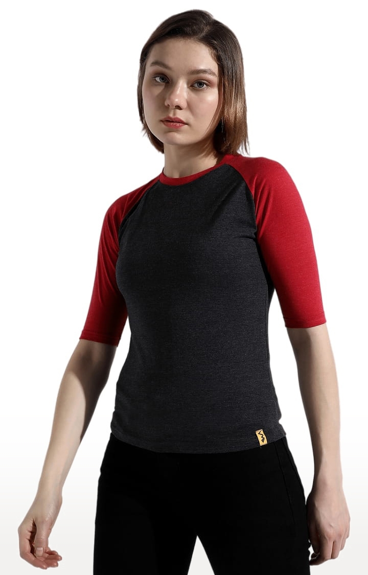 Women's Black and Red Cotton Colourblock Regular T-Shirt