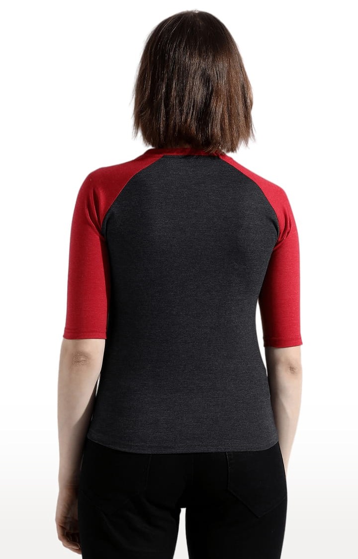 Women's Black and Red Cotton Colourblock Regular T-Shirt