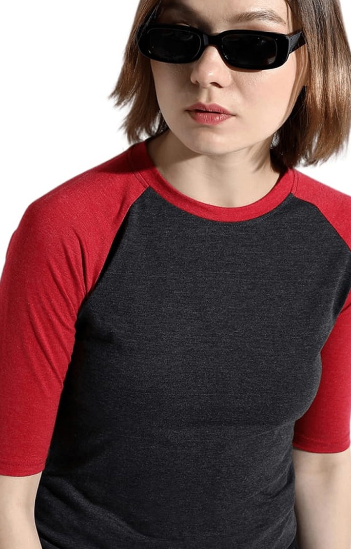 Women's Black and Red Cotton Colourblock Regular T-Shirt