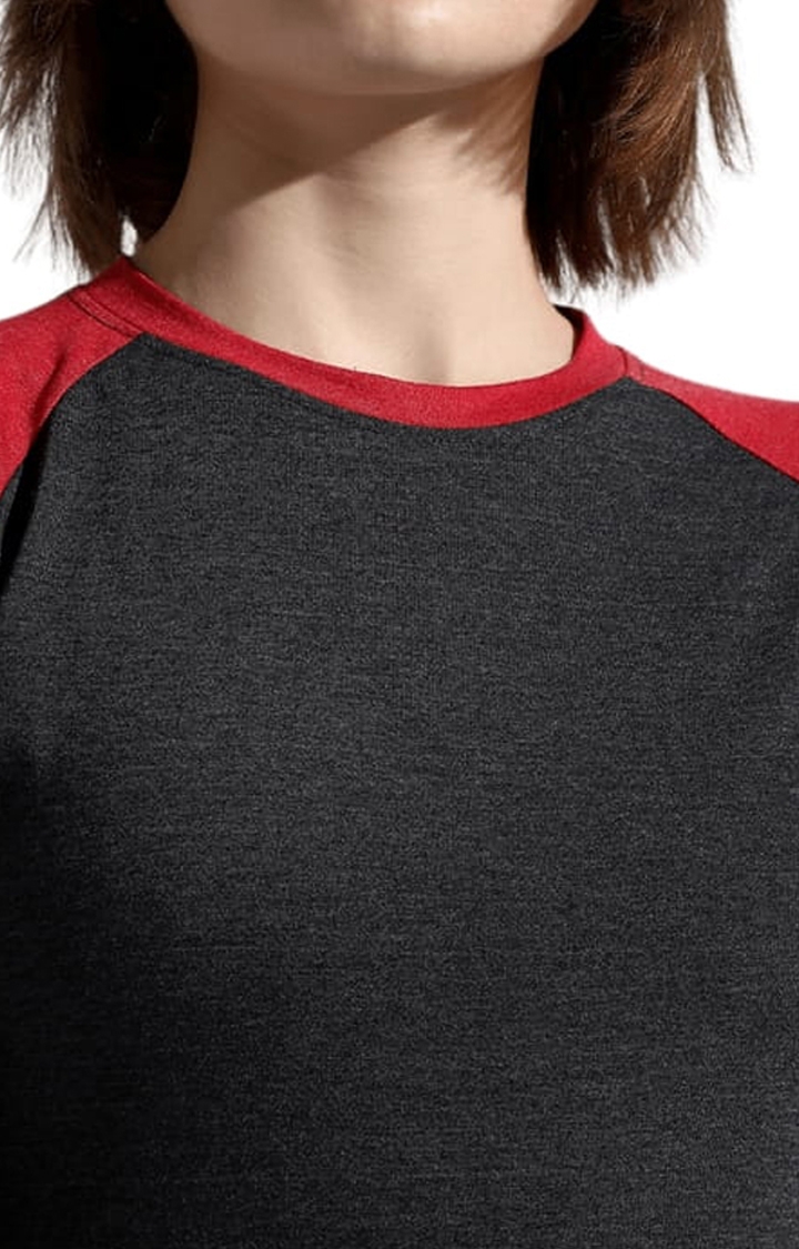 Women's Black and Red Cotton Colourblock Regular T-Shirt