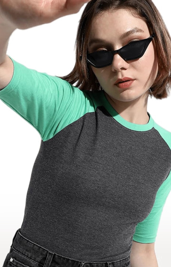 Women's Mint Green and Grey Cotton Colourblock Regular T-Shirt