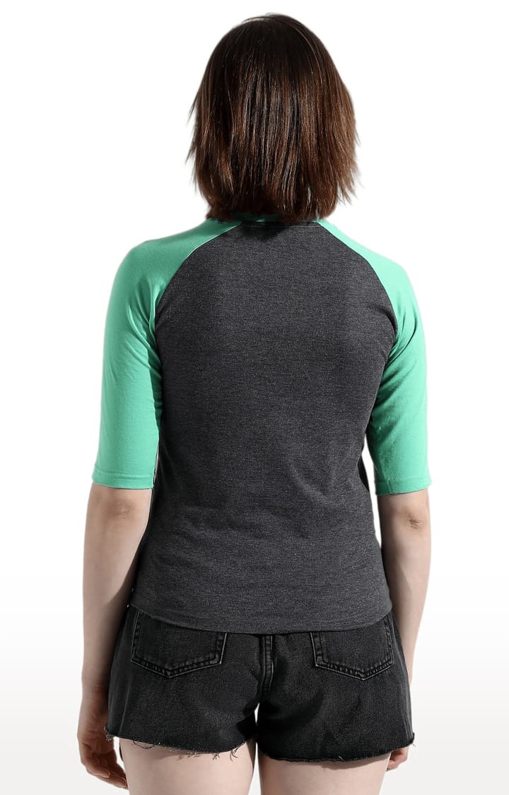 Women's Mint Green and Grey Cotton Colourblock Regular T-Shirt