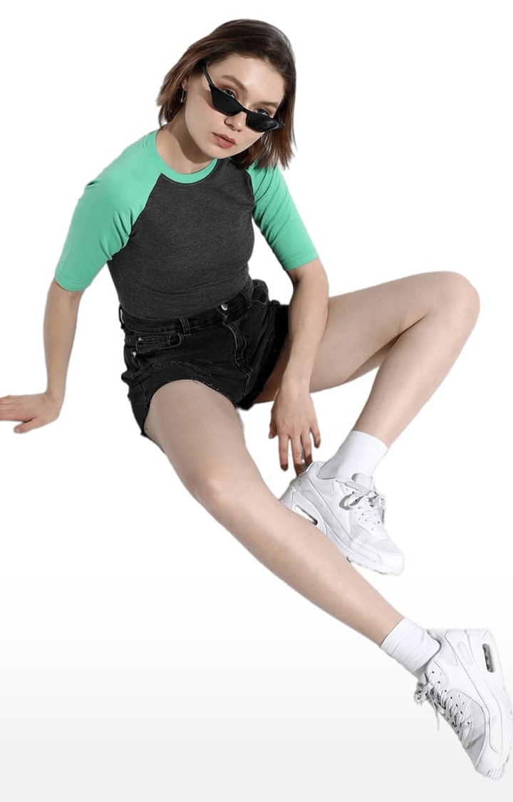 Women's Green Melange Regular T-Shirts