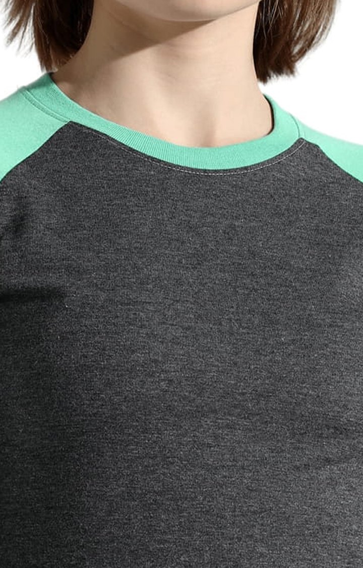 Women's Mint Green and Grey Cotton Colourblock Regular T-Shirt