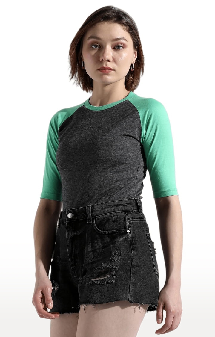 Women's Mint Green and Grey Cotton Colourblock Regular T-Shirt