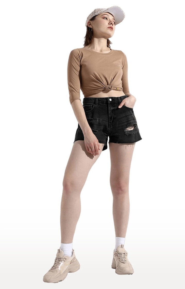 Women's Beige Cotton Solid Crop Top