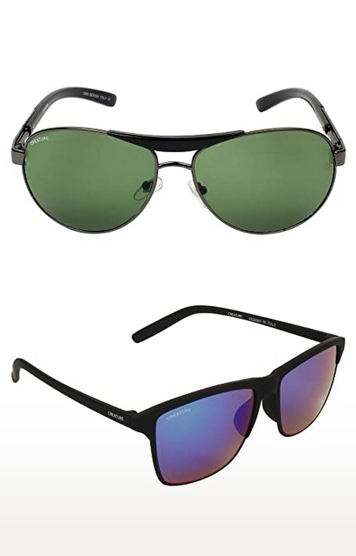 CREATURE | CREATURE Green & Multicolour Aviator Sunglasses Combo with UV Protection (Lens-Green & Multicolour|Frame-Grey & Black) 0