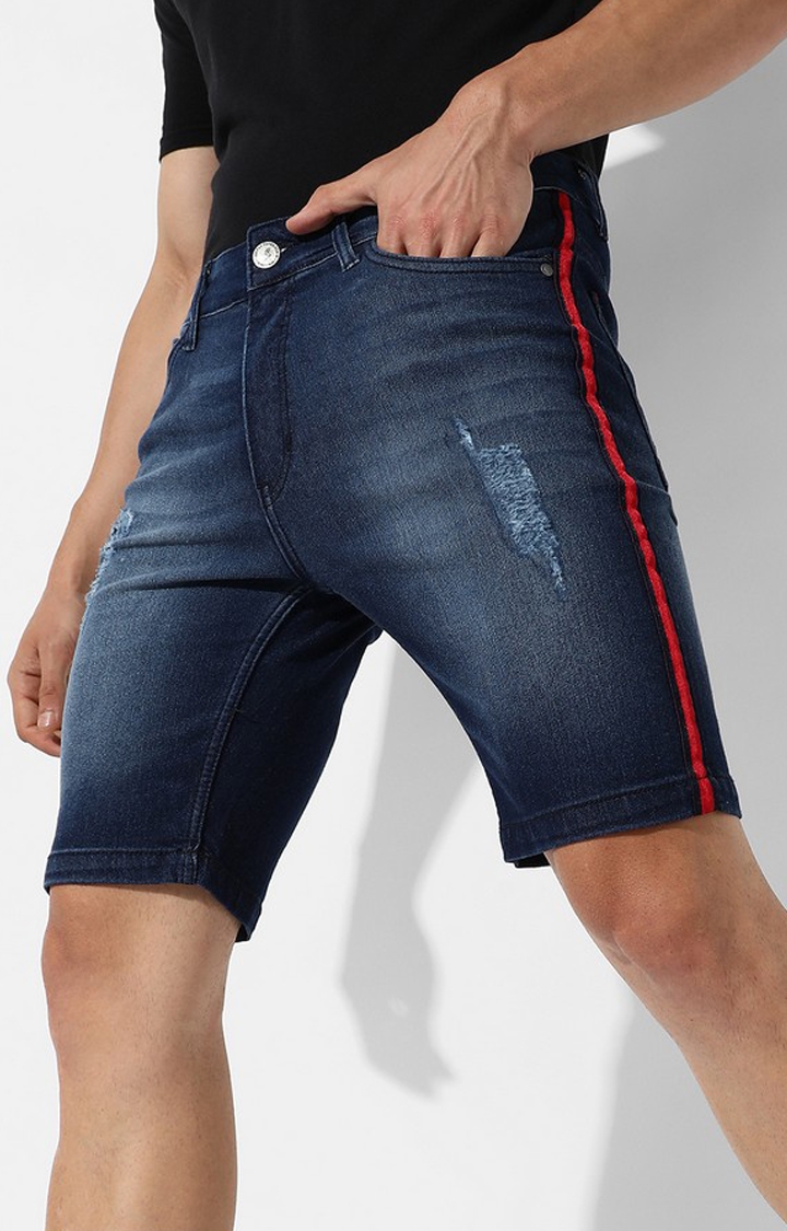 Men's Side-Striped Dark-Wash Denim Shorts