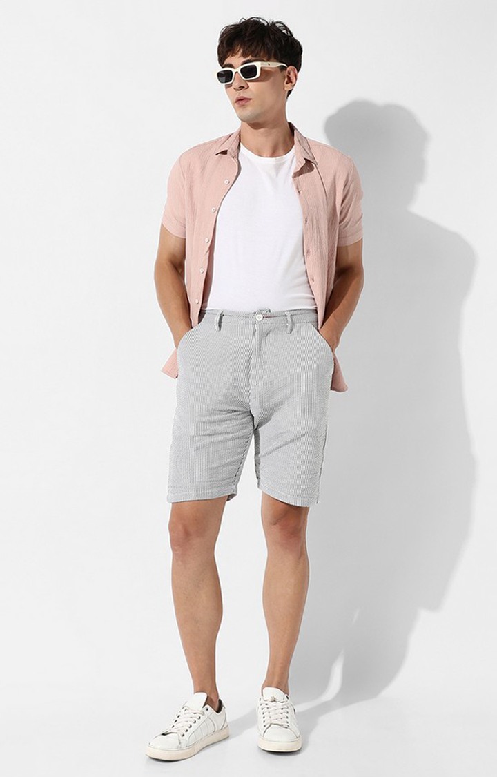 Men's Light Grey Striped Polycotton Shorts