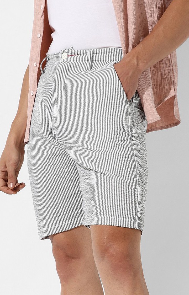 Men's Light Grey Striped Polycotton Shorts
