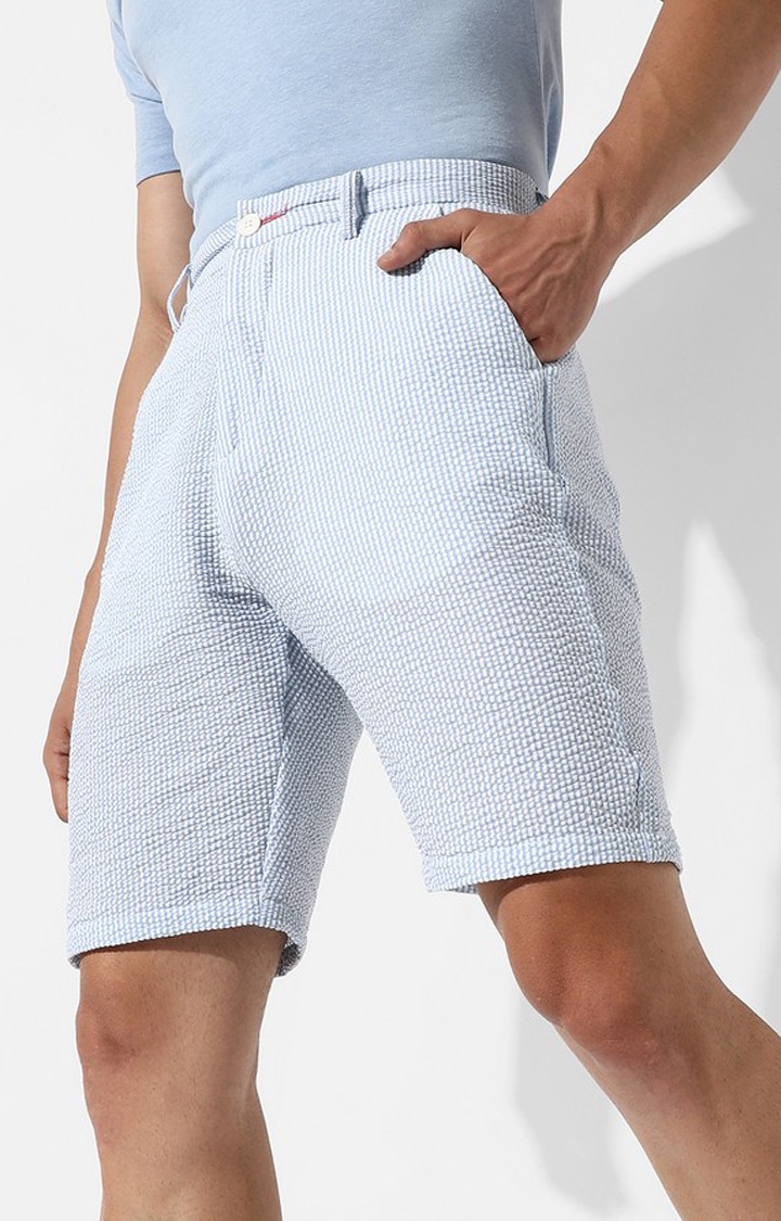 Men's Light Blue Striped Polycotton Shorts