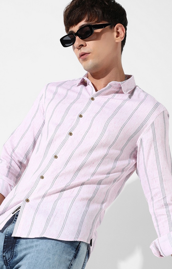 Men's Pink Cotton Blend Striped Casual Shirts