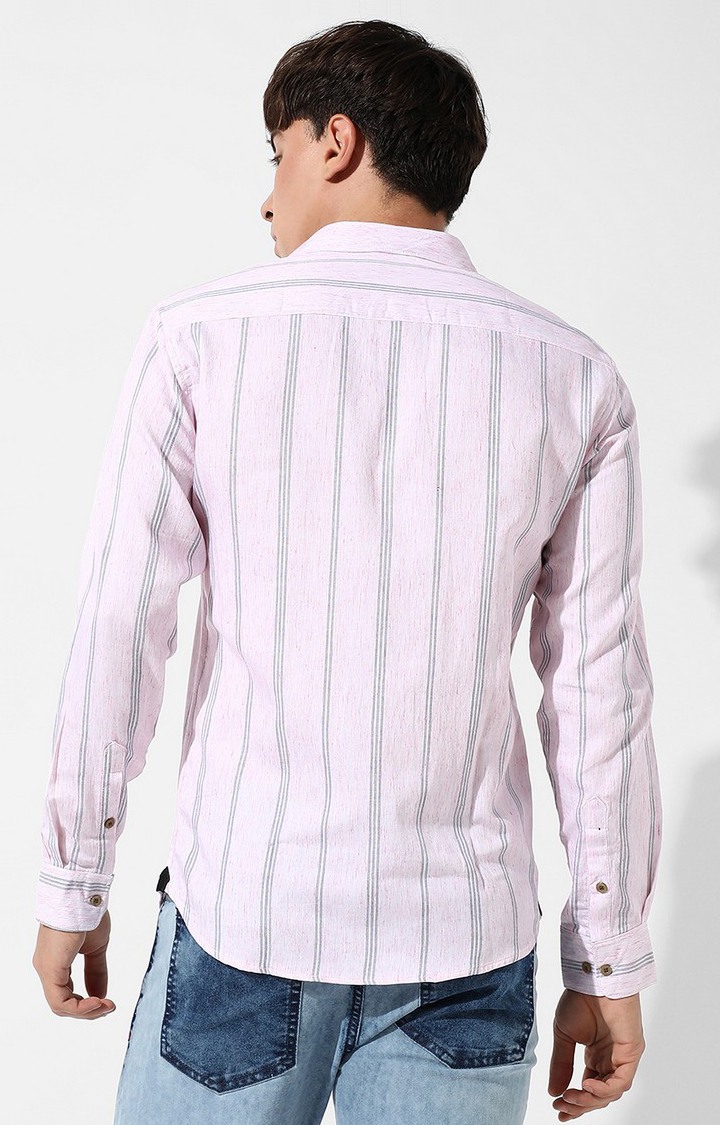 Men's Pink Cotton Blend Striped Casual Shirts